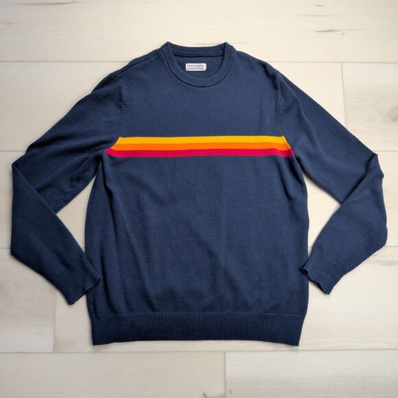 Fair Harbor Robinson Sweater Mens M Navy Blue Yellow Orange Red Stripe Crew Neck - Picture 1 of 9